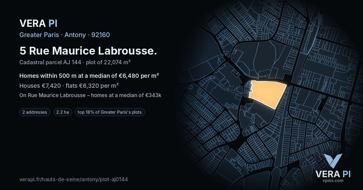 5 Rue Maurice Labrousse, Antony at night – the plot lit, the parcels around coloured by the prices near them
