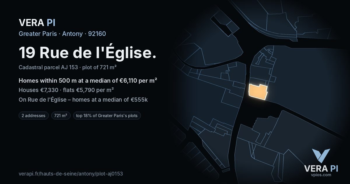 19 Rue de l'Église, Antony at night – the plot lit, the parcels around coloured by the prices near them