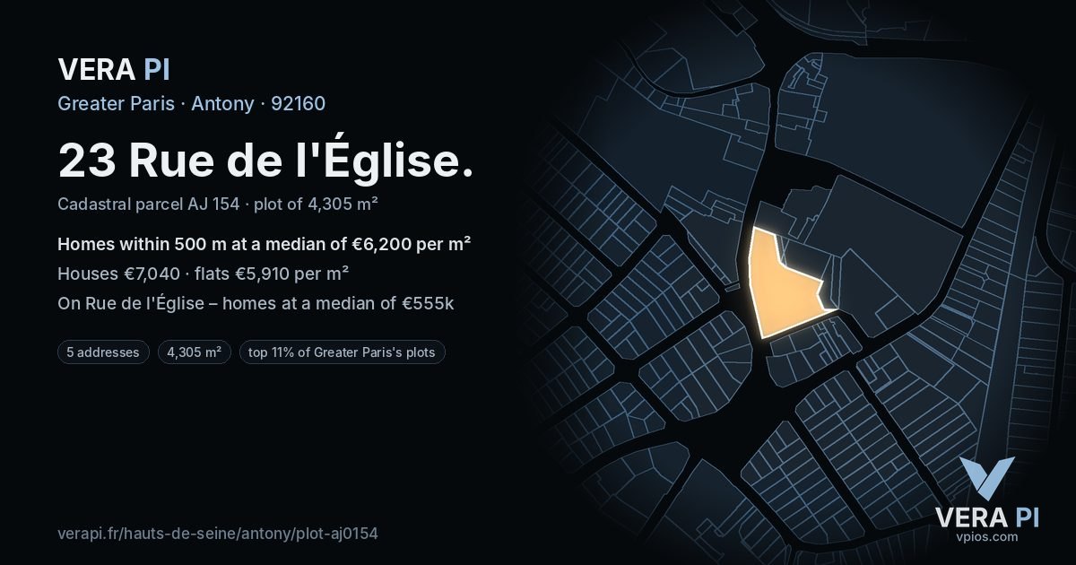 23 Rue de l'Église, Antony at night – the plot lit, the parcels around coloured by the prices near them