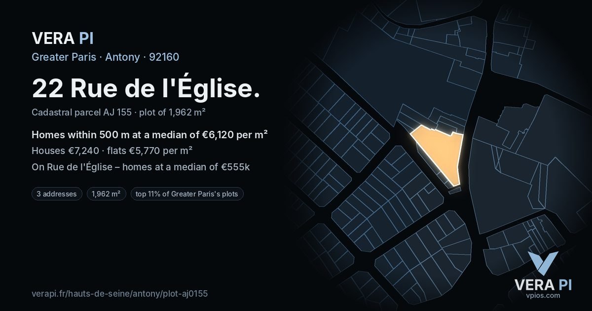 22 Rue de l'Église, Antony at night – the plot lit, the parcels around coloured by the prices near them