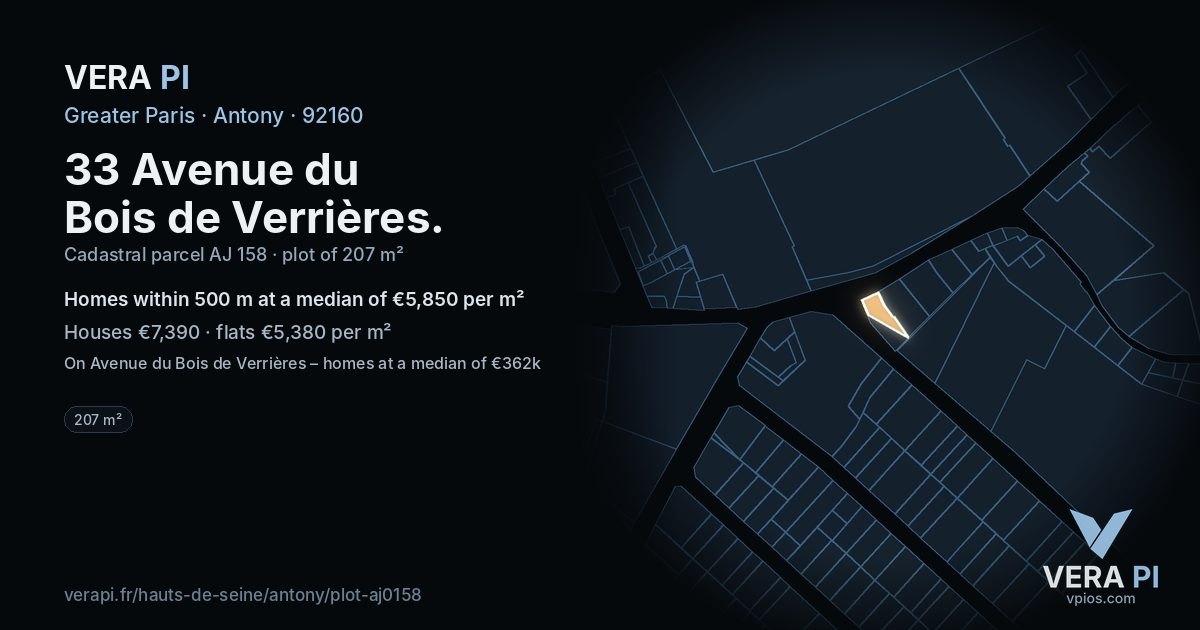 33 Avenue du Bois de Verrières, Antony at night – the plot lit, the parcels around coloured by the prices near them