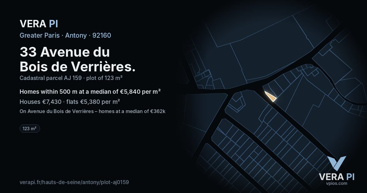 33 Avenue du Bois de Verrières, Antony at night – the plot lit, the parcels around coloured by the prices near them