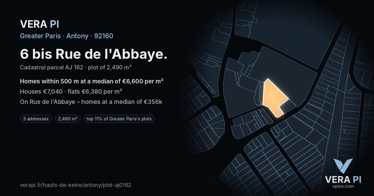 6 bis Rue de l'Abbaye, Antony at night – the plot lit, the parcels around coloured by the prices near them