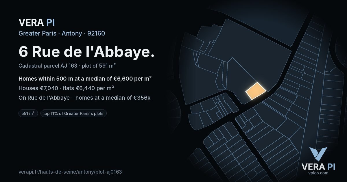 6 Rue de l'Abbaye, Antony at night – the plot lit, the parcels around coloured by the prices near them