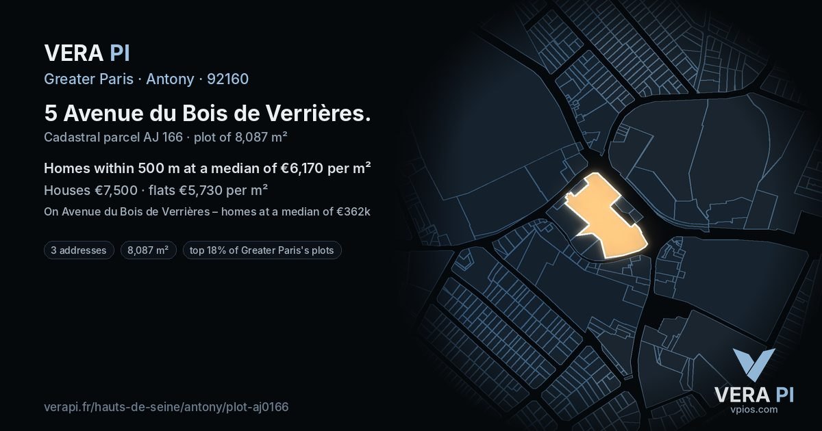 5 Avenue du Bois de Verrières, Antony at night – the plot lit, the parcels around coloured by the prices near them