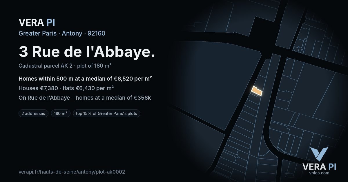 3 Rue de l'Abbaye, Antony at night – the plot lit, the parcels around coloured by the prices near them