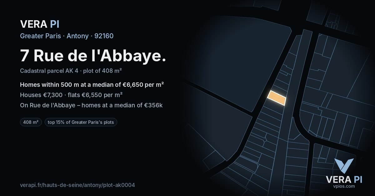 7 Rue de l'Abbaye, Antony at night – the plot lit, the parcels around coloured by the prices near them