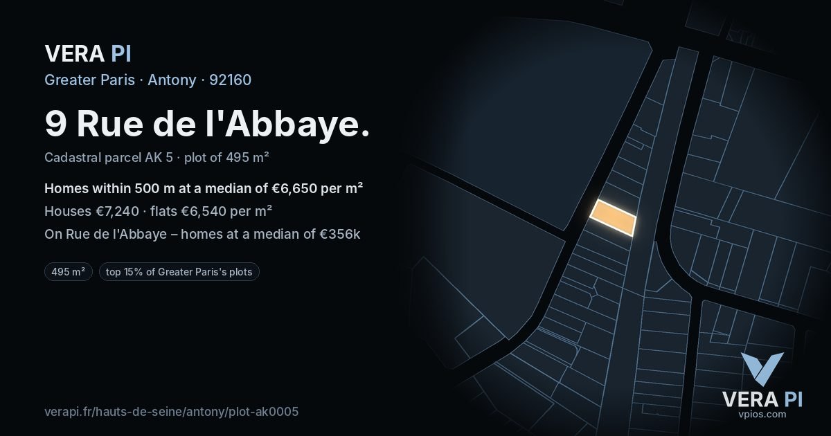 9 Rue de l'Abbaye, Antony at night – the plot lit, the parcels around coloured by the prices near them