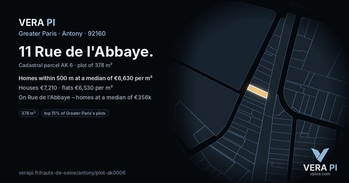 11 Rue de l'Abbaye, Antony at night – the plot lit, the parcels around coloured by the prices near them