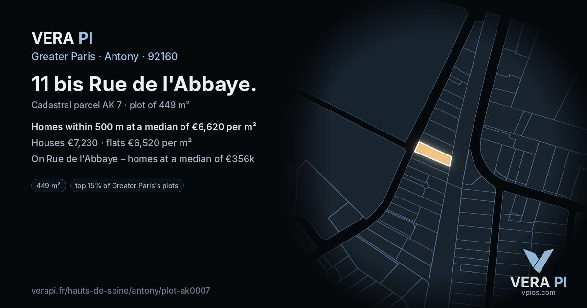 11 bis Rue de l'Abbaye, Antony at night – the plot lit, the parcels around coloured by the prices near them