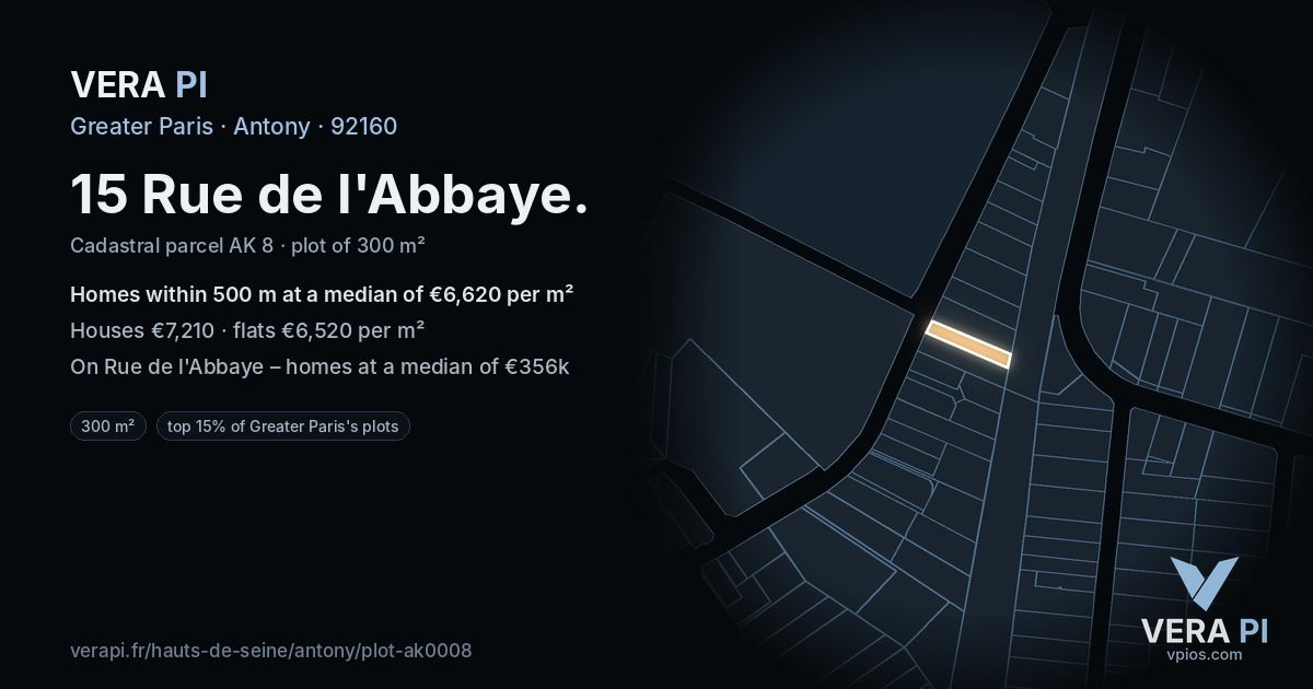 15 Rue de l'Abbaye, Antony at night – the plot lit, the parcels around coloured by the prices near them