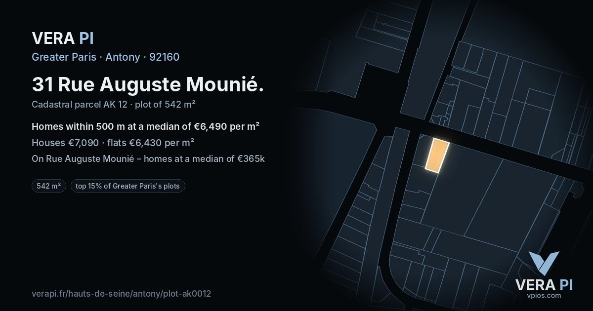 31 Rue Auguste Mounié, Antony at night – the plot lit, the parcels around coloured by the prices near them