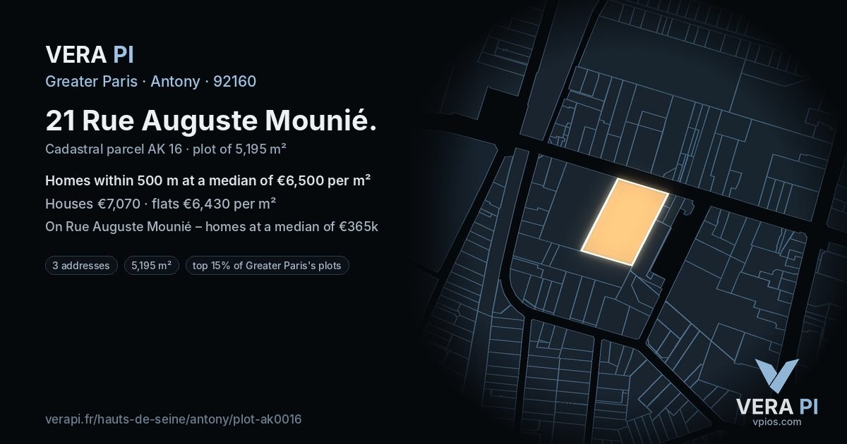 21 Rue Auguste Mounié, Antony at night – the plot lit, the parcels around coloured by the prices near them