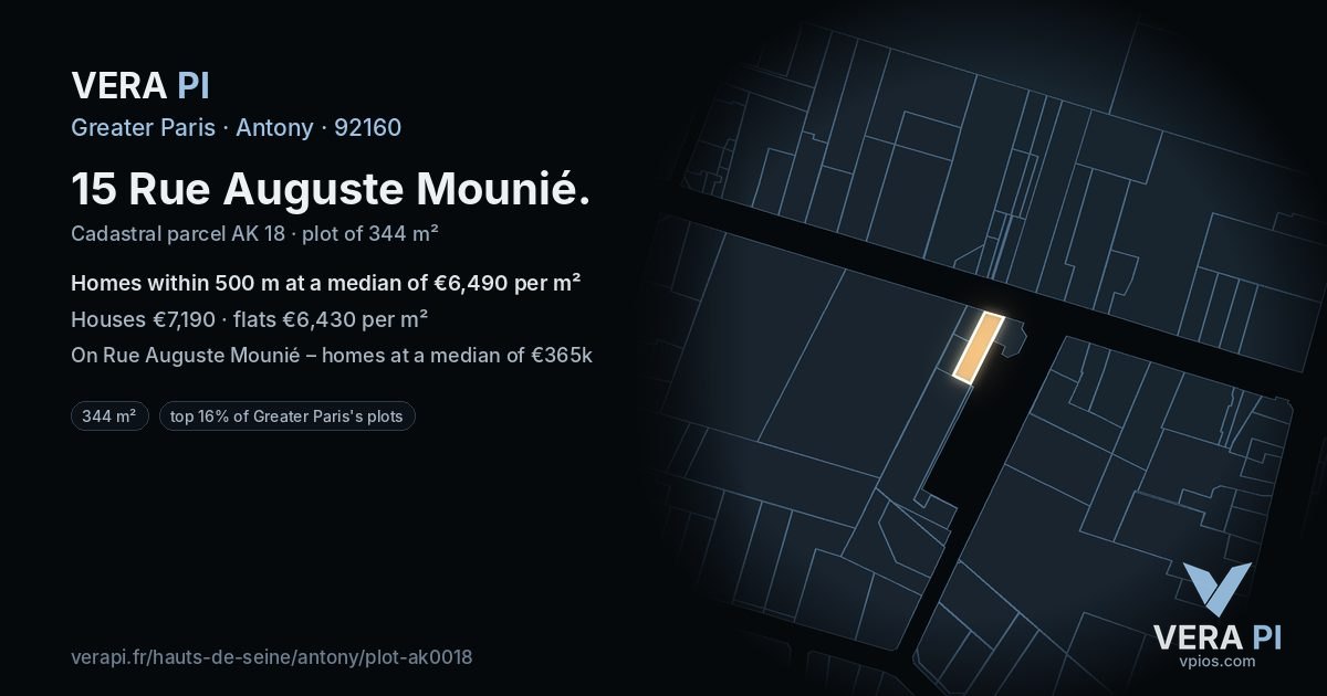 15 Rue Auguste Mounié, Antony at night – the plot lit, the parcels around coloured by the prices near them
