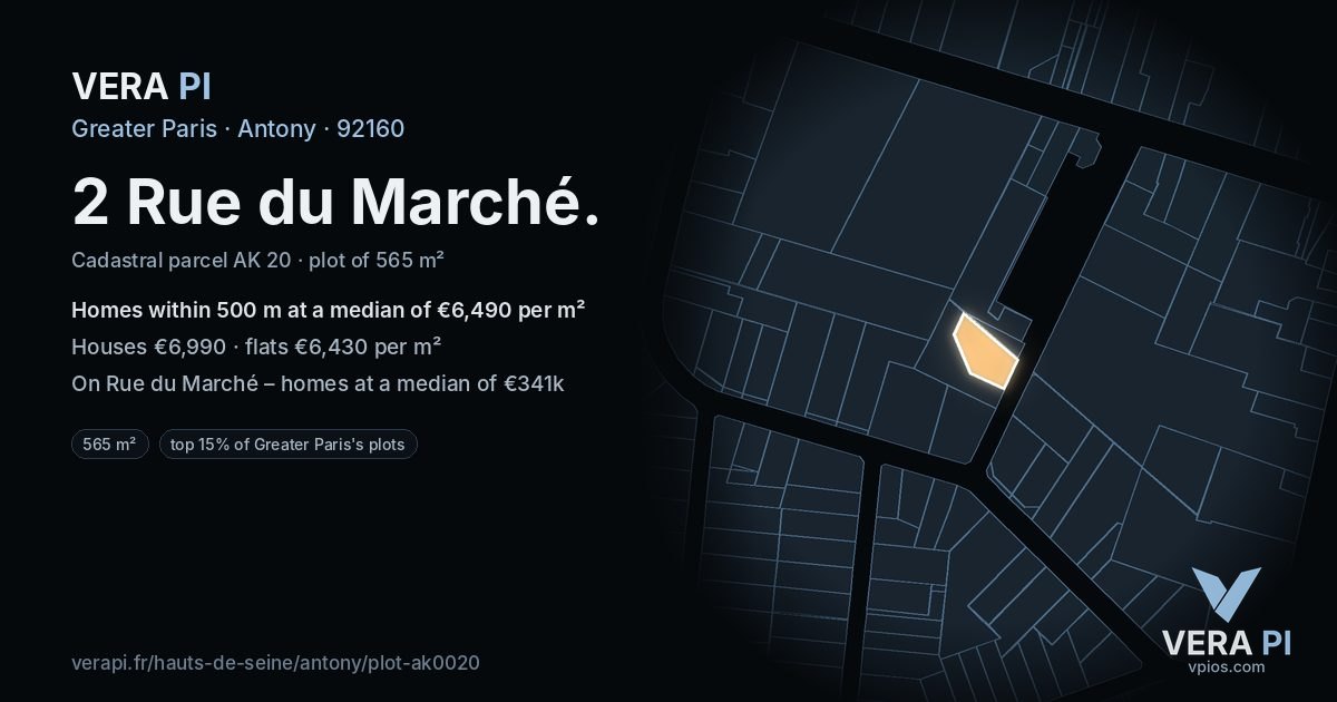 2 Rue du Marché, Antony at night – the plot lit, the parcels around coloured by the prices near them