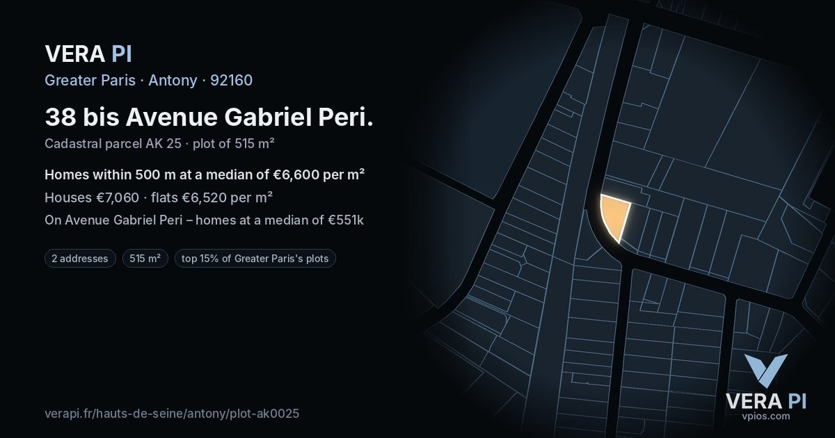 38 bis Avenue Gabriel Peri, Antony at night – the plot lit, the parcels around coloured by the prices near them