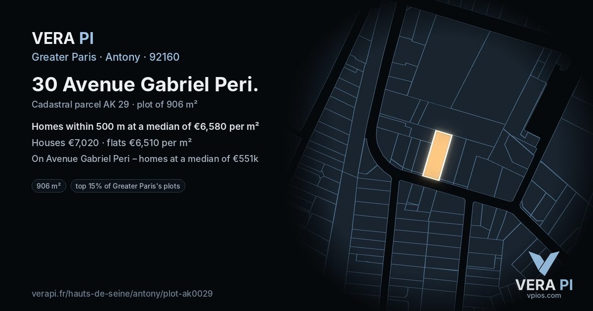 30 Avenue Gabriel Peri, Antony at night – the plot lit, the parcels around coloured by the prices near them