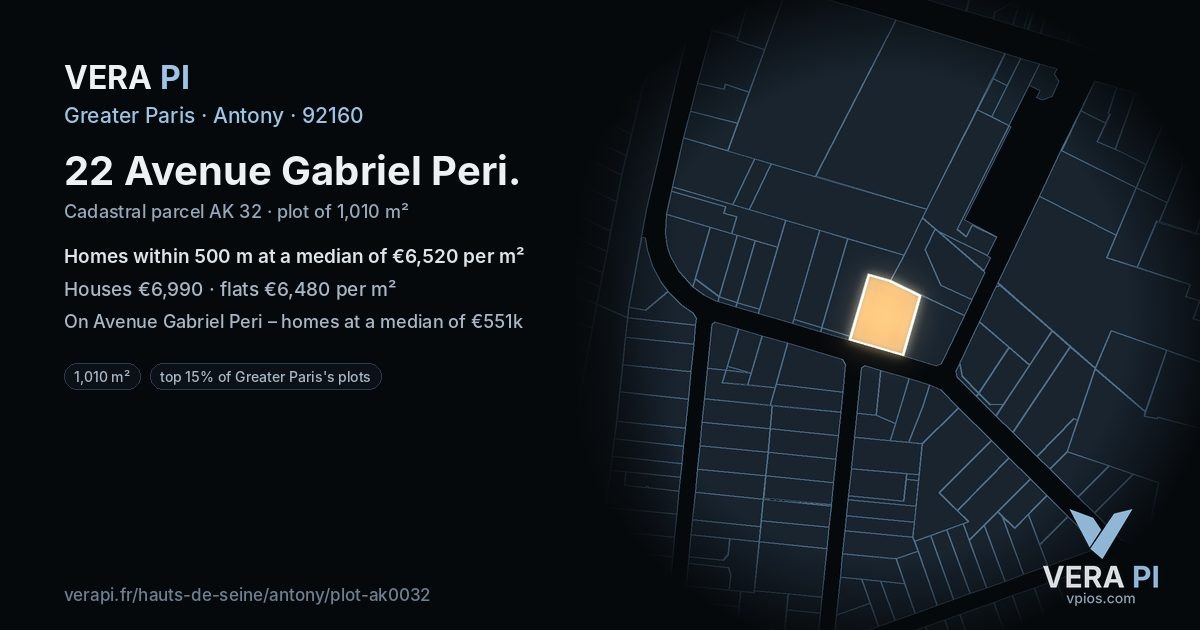 22 Avenue Gabriel Peri, Antony at night – the plot lit, the parcels around coloured by the prices near them