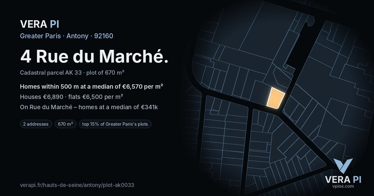 4 Rue du Marché, Antony at night – the plot lit, the parcels around coloured by the prices near them