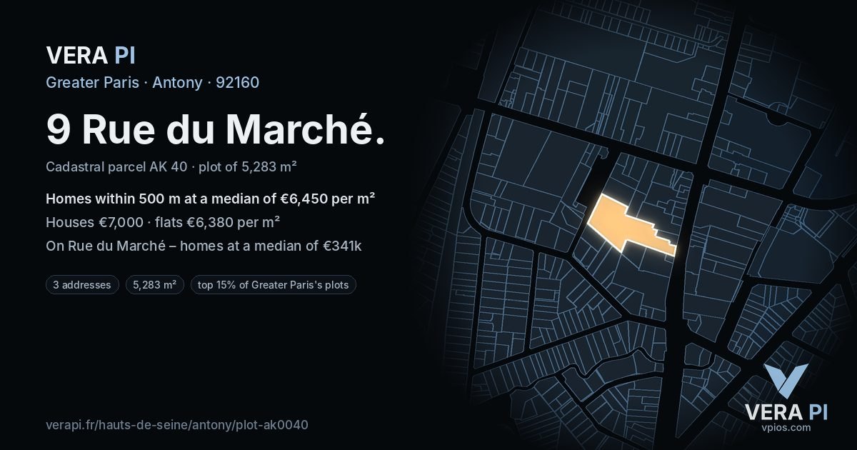 9 Rue du Marché, Antony at night – the plot lit, the parcels around coloured by the prices near them