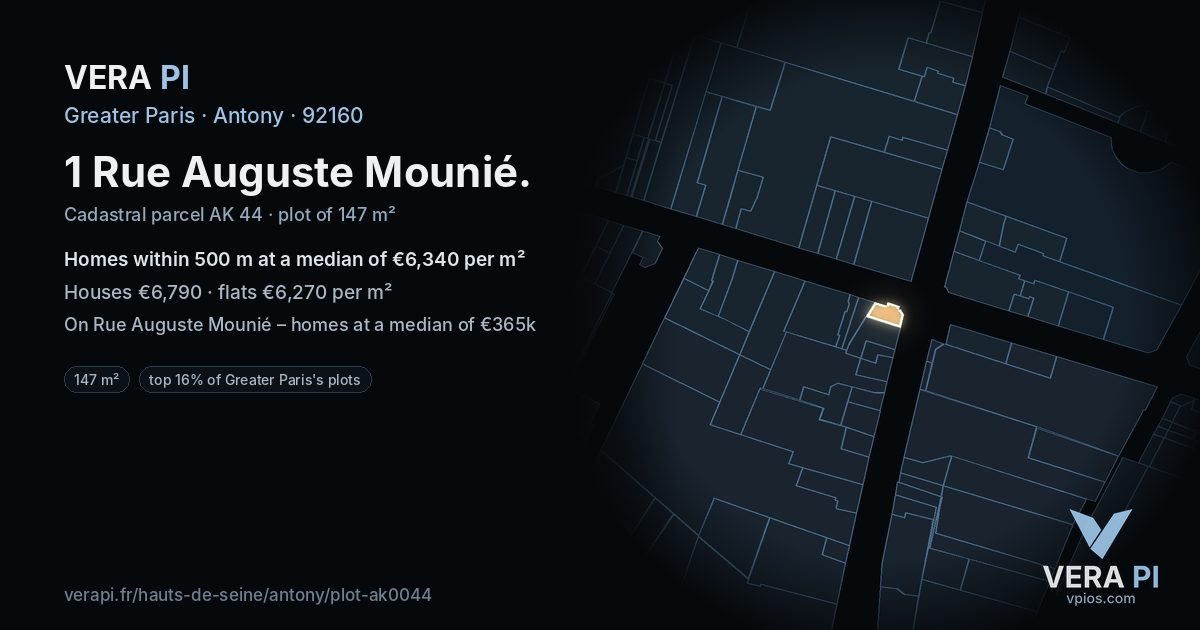 1 Rue Auguste Mounié, Antony at night – the plot lit, the parcels around coloured by the prices near them