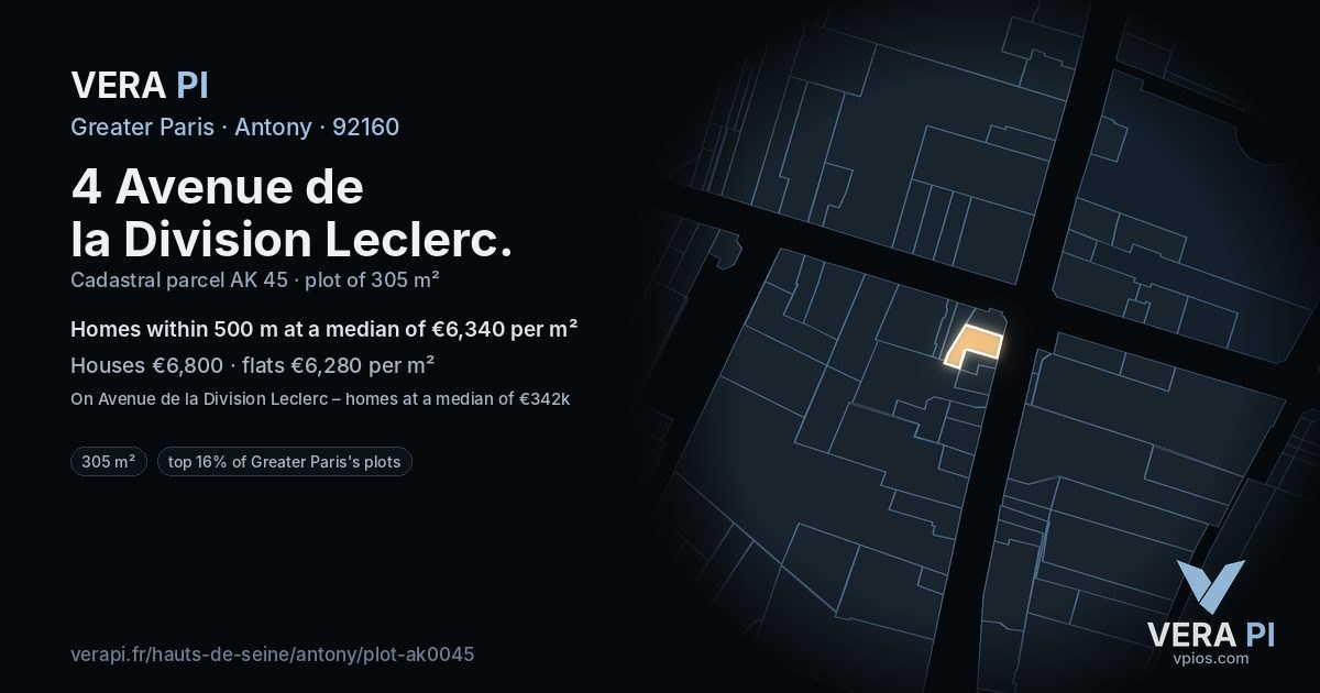 4 Avenue de la Division Leclerc, Antony at night – the plot lit, the parcels around coloured by the prices near them