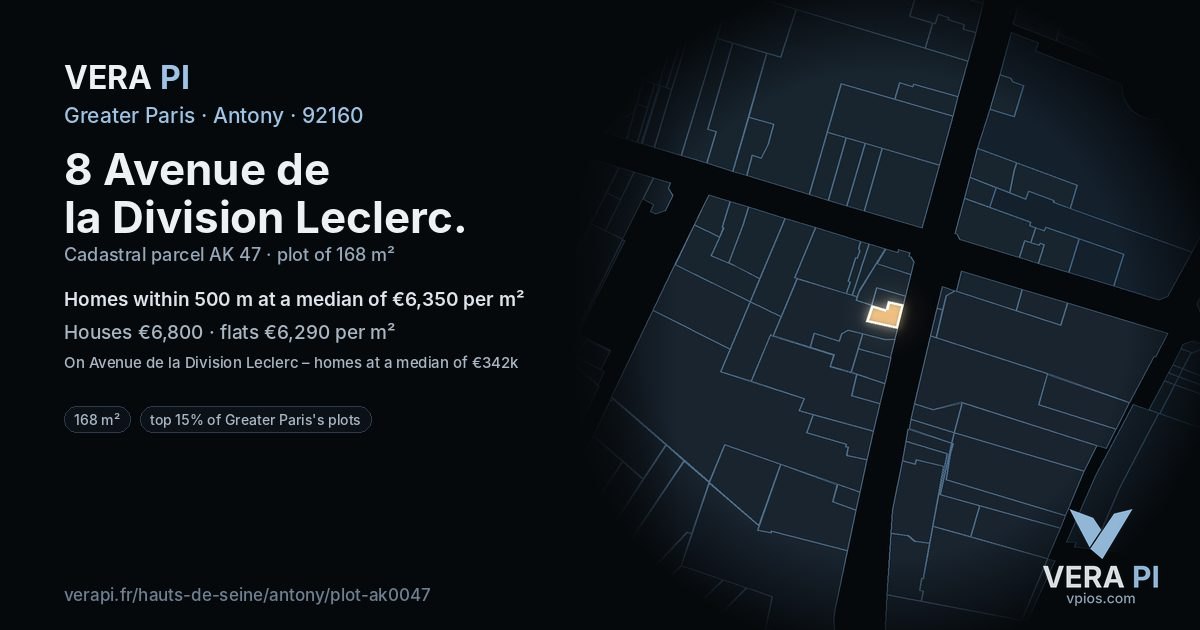 8 Avenue de la Division Leclerc, Antony at night – the plot lit, the parcels around coloured by the prices near them
