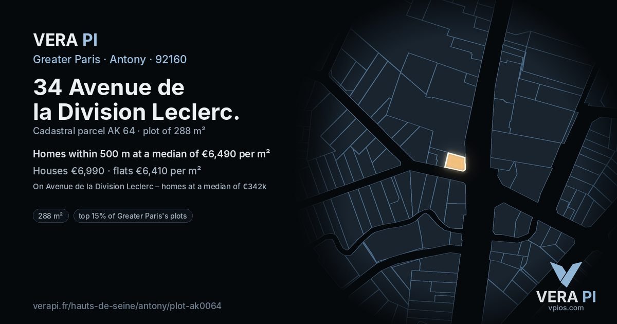 34 Avenue de la Division Leclerc, Antony at night – the plot lit, the parcels around coloured by the prices near them