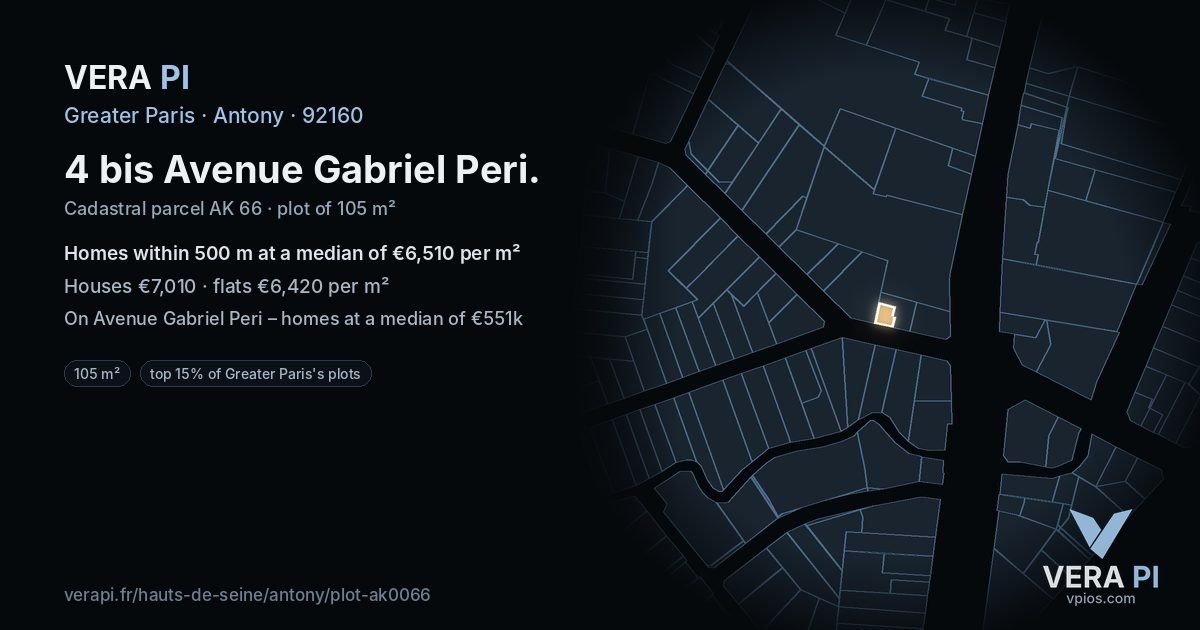 4 bis Avenue Gabriel Peri, Antony at night – the plot lit, the parcels around coloured by the prices near them