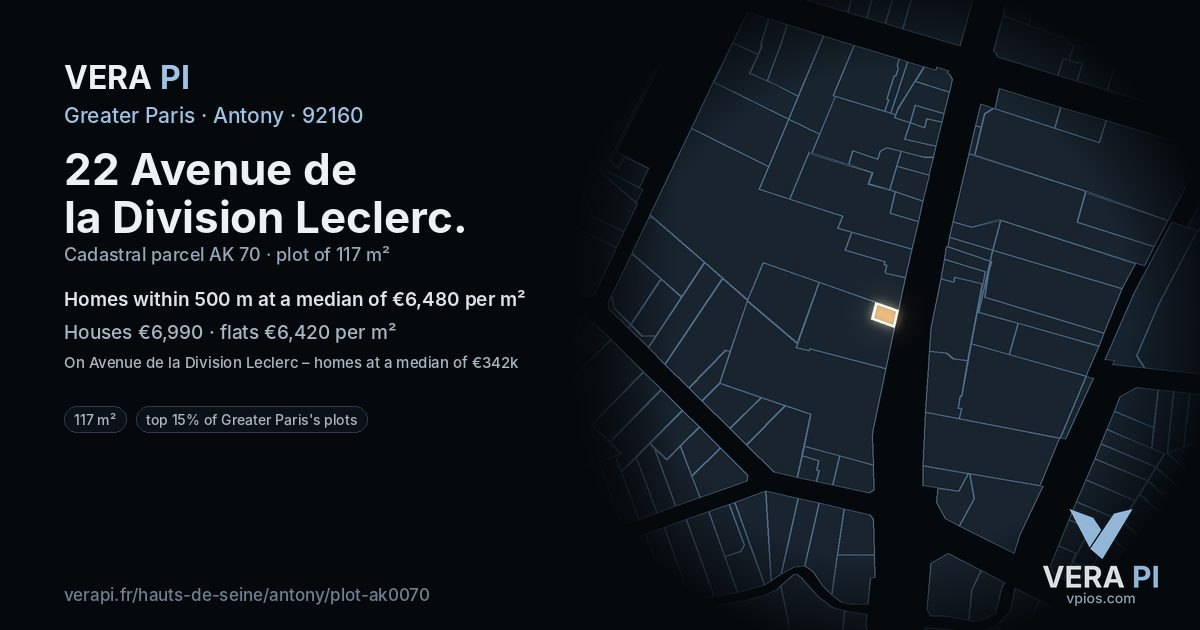 22 Avenue de la Division Leclerc, Antony at night – the plot lit, the parcels around coloured by the prices near them