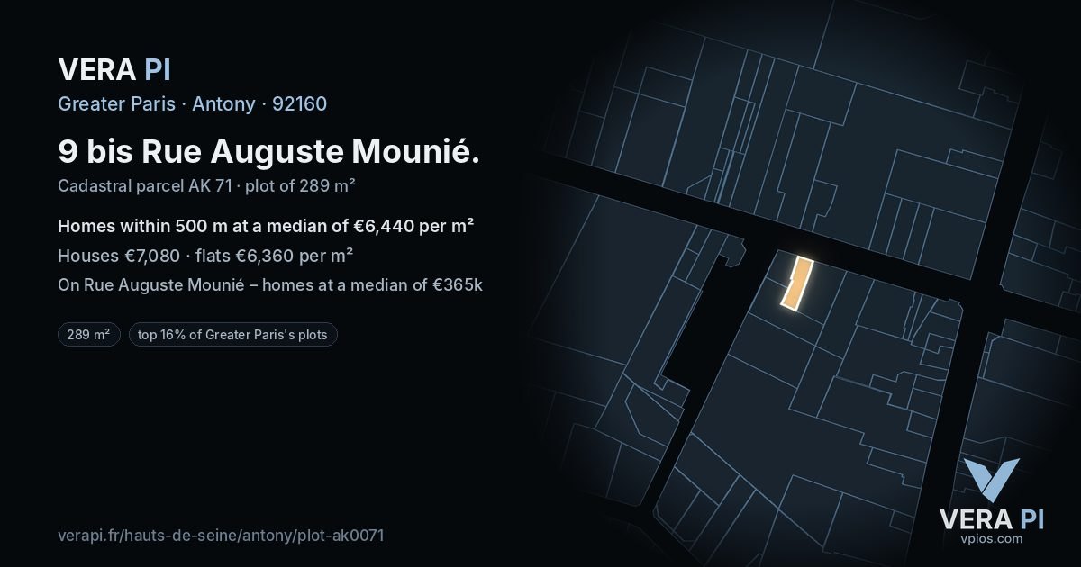 9 bis Rue Auguste Mounié, Antony at night – the plot lit, the parcels around coloured by the prices near them