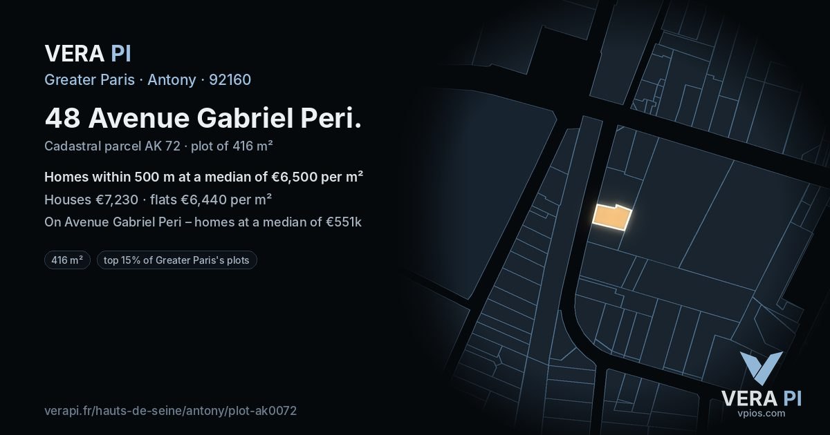 48 Avenue Gabriel Peri, Antony at night – the plot lit, the parcels around coloured by the prices near them