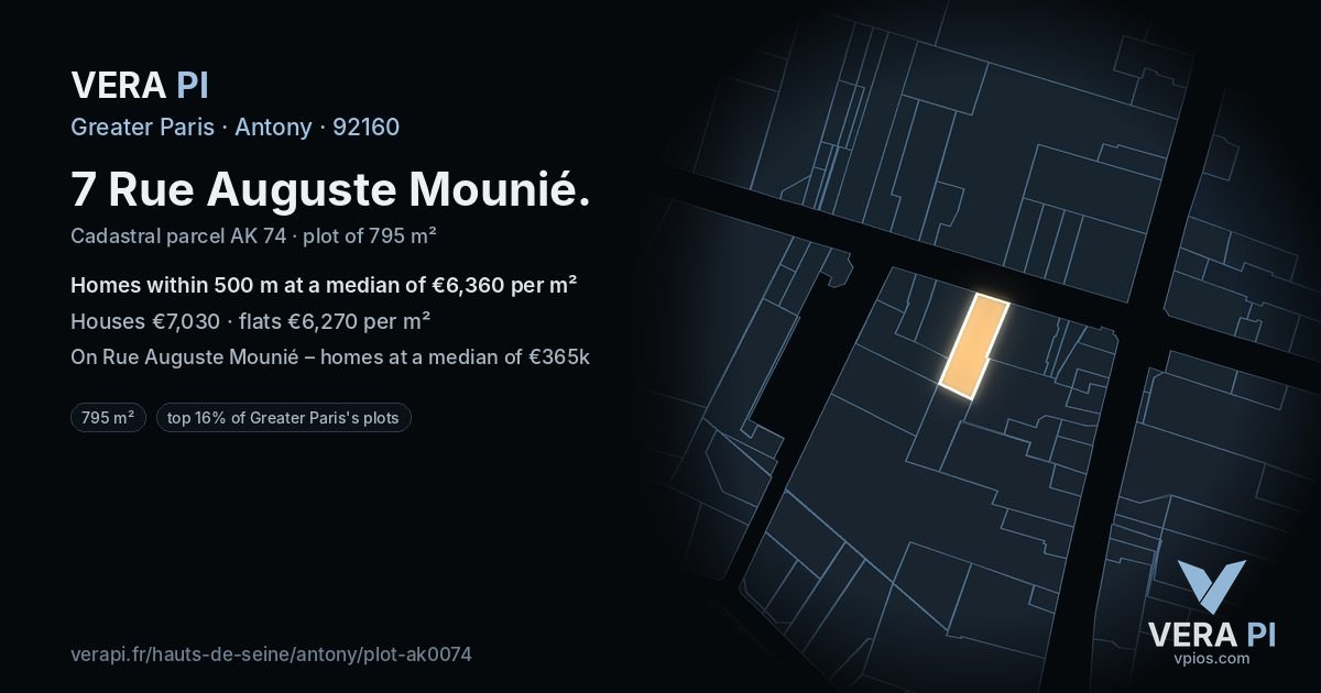 7 Rue Auguste Mounié, Antony at night – the plot lit, the parcels around coloured by the prices near them