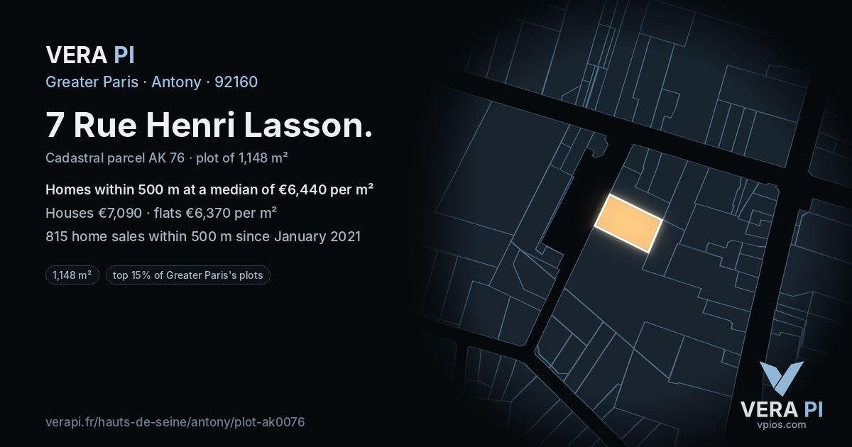 7 Rue Henri Lasson, Antony at night – the plot lit, the parcels around coloured by the prices near them