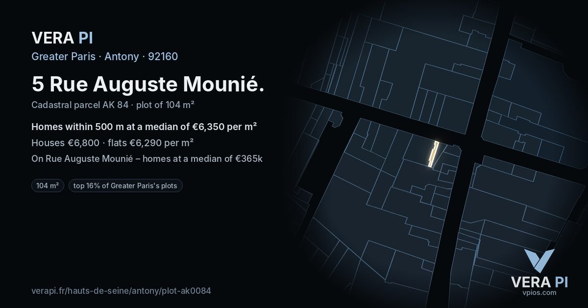 5 Rue Auguste Mounié, Antony at night – the plot lit, the parcels around coloured by the prices near them