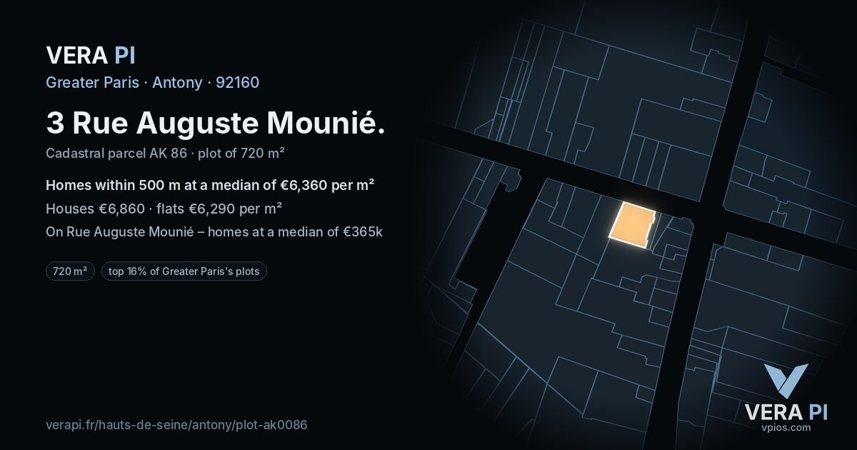 3 Rue Auguste Mounié, Antony at night – the plot lit, the parcels around coloured by the prices near them