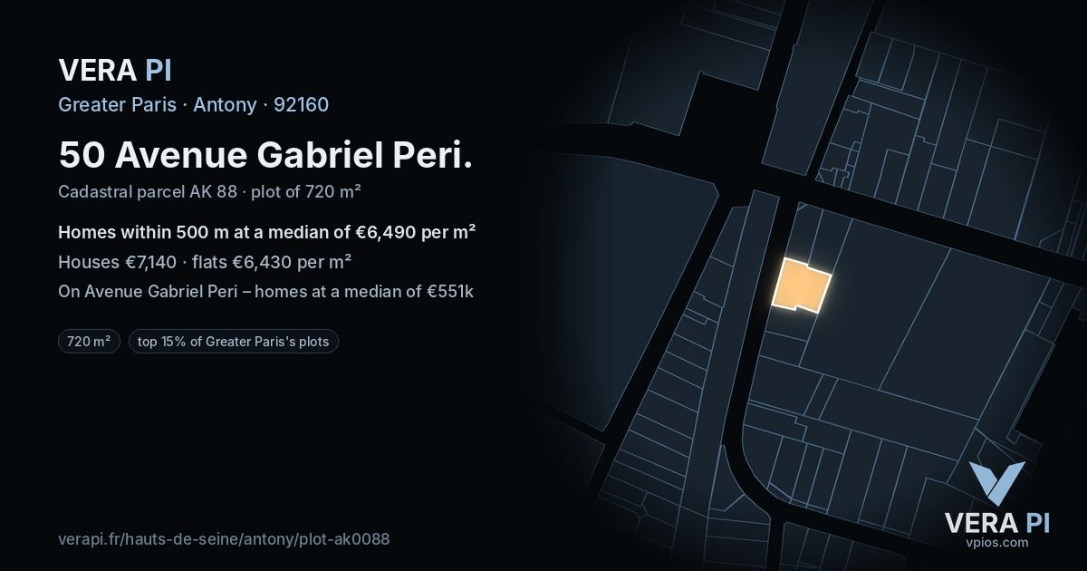 50 Avenue Gabriel Peri, Antony at night – the plot lit, the parcels around coloured by the prices near them