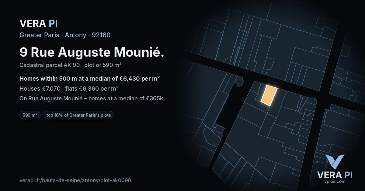 9 Rue Auguste Mounié, Antony at night – the plot lit, the parcels around coloured by the prices near them