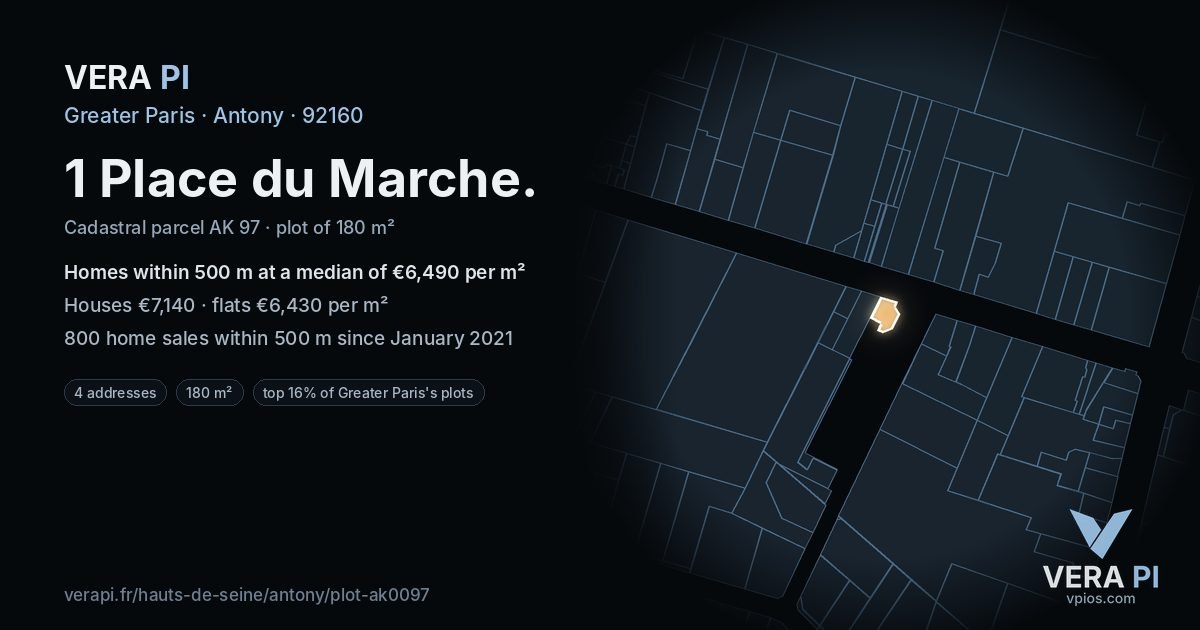 1 Place du Marche, Antony at night – the plot lit, the parcels around coloured by the prices near them
