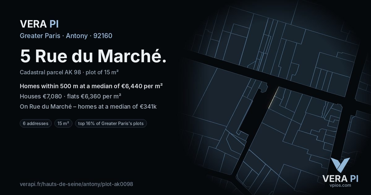 5 Rue du Marché, Antony at night – the plot lit, the parcels around coloured by the prices near them