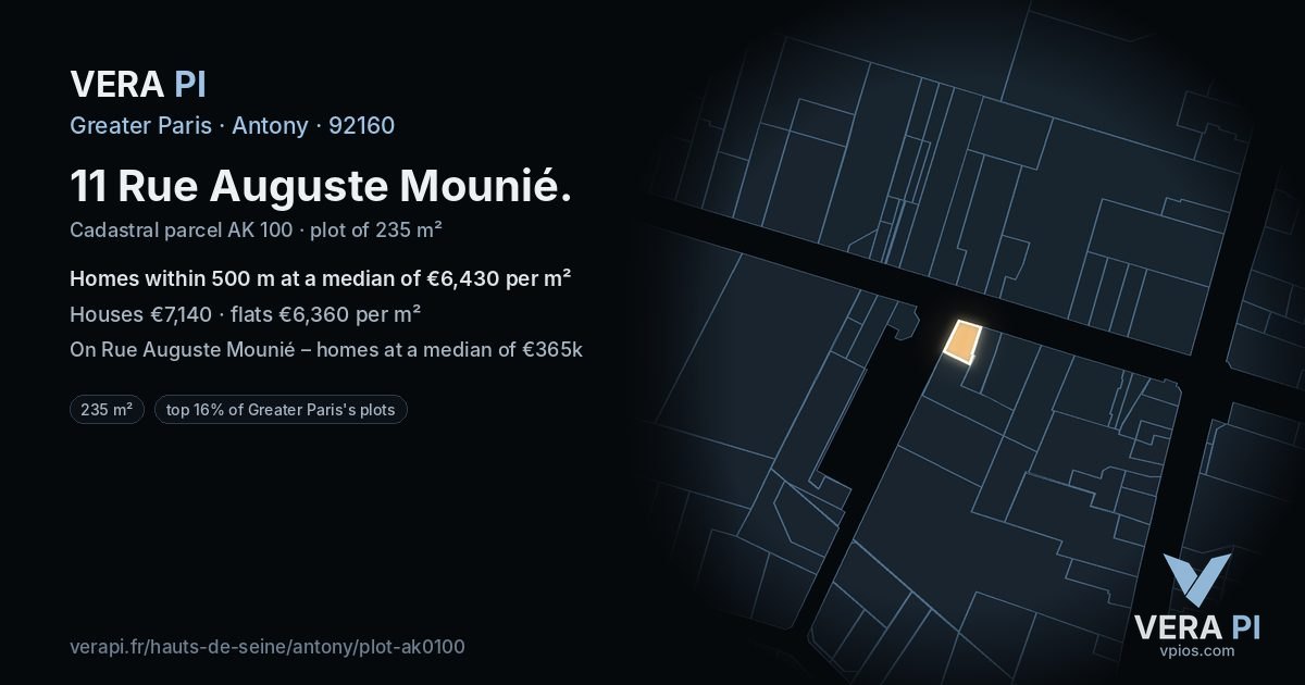 11 Rue Auguste Mounié, Antony at night – the plot lit, the parcels around coloured by the prices near them