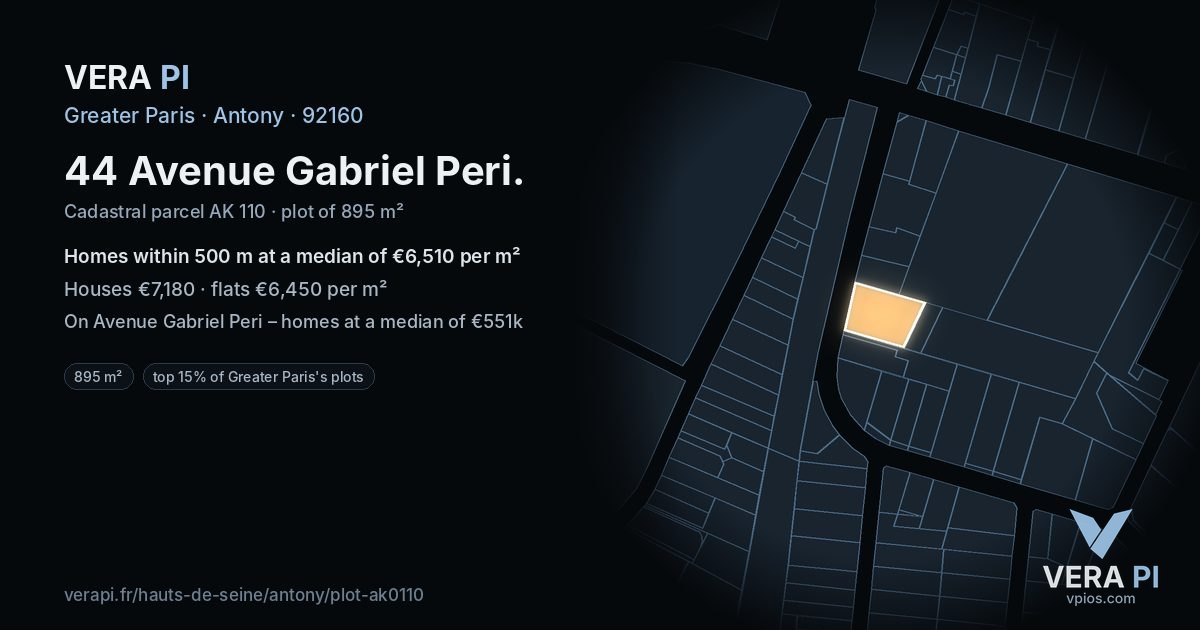 44 Avenue Gabriel Peri, Antony at night – the plot lit, the parcels around coloured by the prices near them