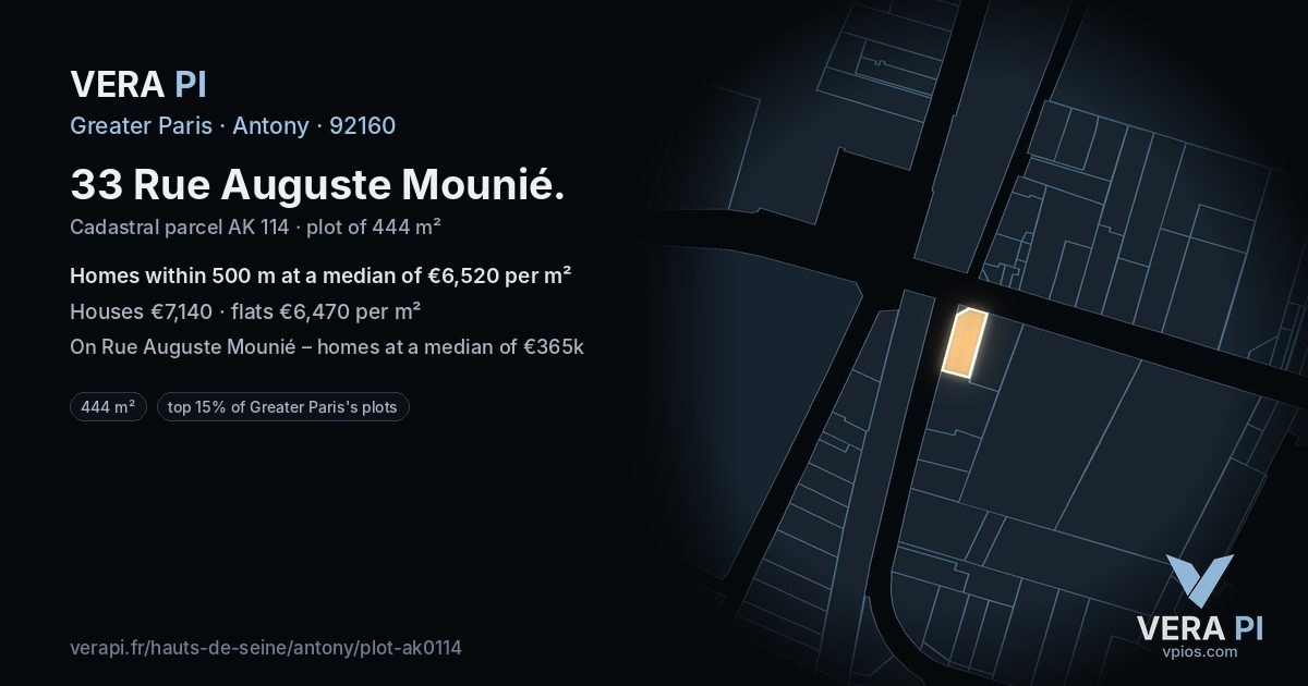 33 Rue Auguste Mounié, Antony at night – the plot lit, the parcels around coloured by the prices near them