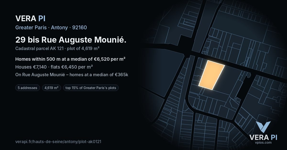 29 bis Rue Auguste Mounié, Antony at night – the plot lit, the parcels around coloured by the prices near them