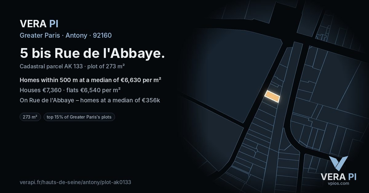 5 bis Rue de l'Abbaye, Antony at night – the plot lit, the parcels around coloured by the prices near them