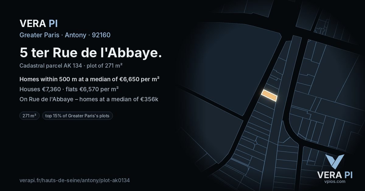 5 ter Rue de l'Abbaye, Antony at night – the plot lit, the parcels around coloured by the prices near them