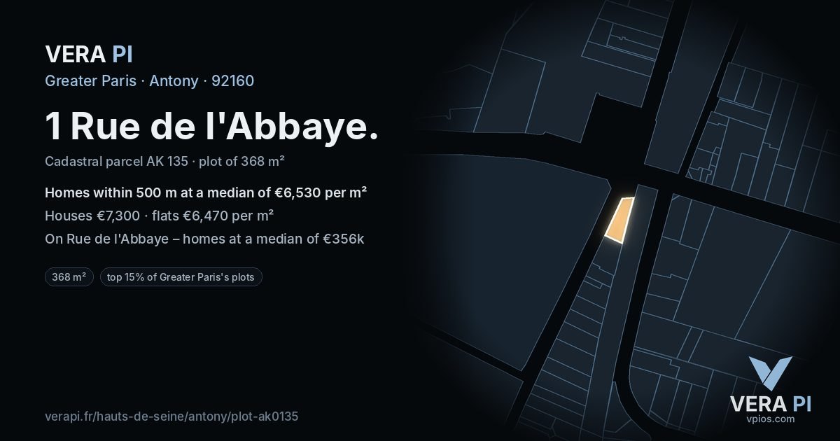 1 Rue de l'Abbaye, Antony at night – the plot lit, the parcels around coloured by the prices near them