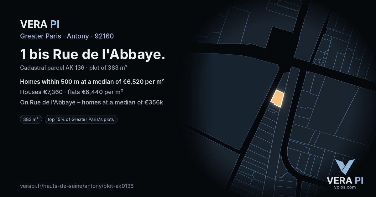 1 bis Rue de l'Abbaye, Antony at night – the plot lit, the parcels around coloured by the prices near them
