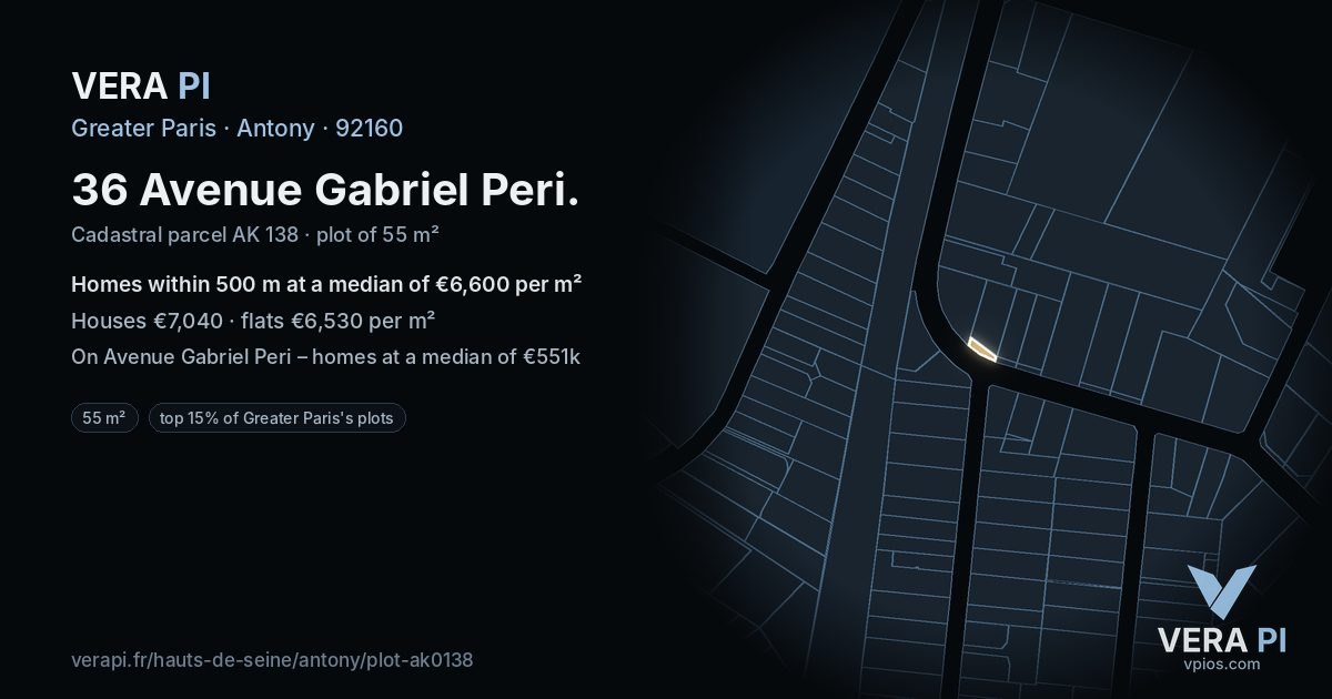 36 Avenue Gabriel Peri, Antony at night – the plot lit, the parcels around coloured by the prices near them