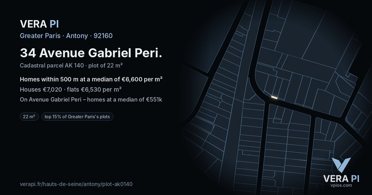 34 Avenue Gabriel Peri, Antony at night – the plot lit, the parcels around coloured by the prices near them